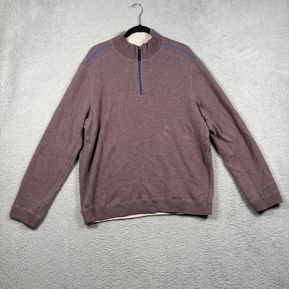 Tommy Bahama Men's L‎ Quarter Zip Reversible Pullover Sweater Purple Beige